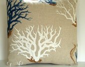 Decorative Pillow Cover Blue Mediterranean Ocean Coral Print Fabric 18" x 18" Beach Accent Throw Pillow Handmade Home Decor