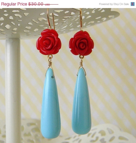 15% OFF SALE Red Rose Aqua Drop Earrings - divinerose