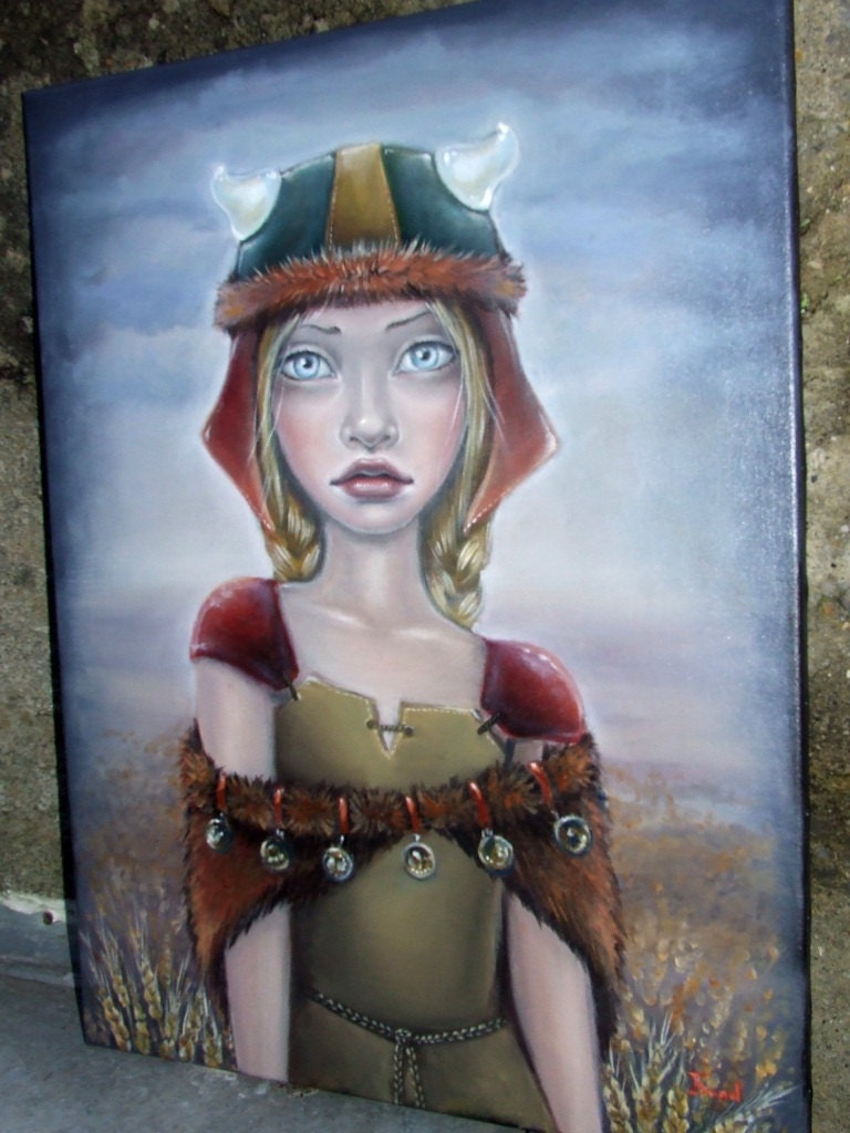VIKING GIRL - ORIGINAL oil painting - surreal pop fantasy art - horns helmet gold - lowbrow portrait by Tanya Bond