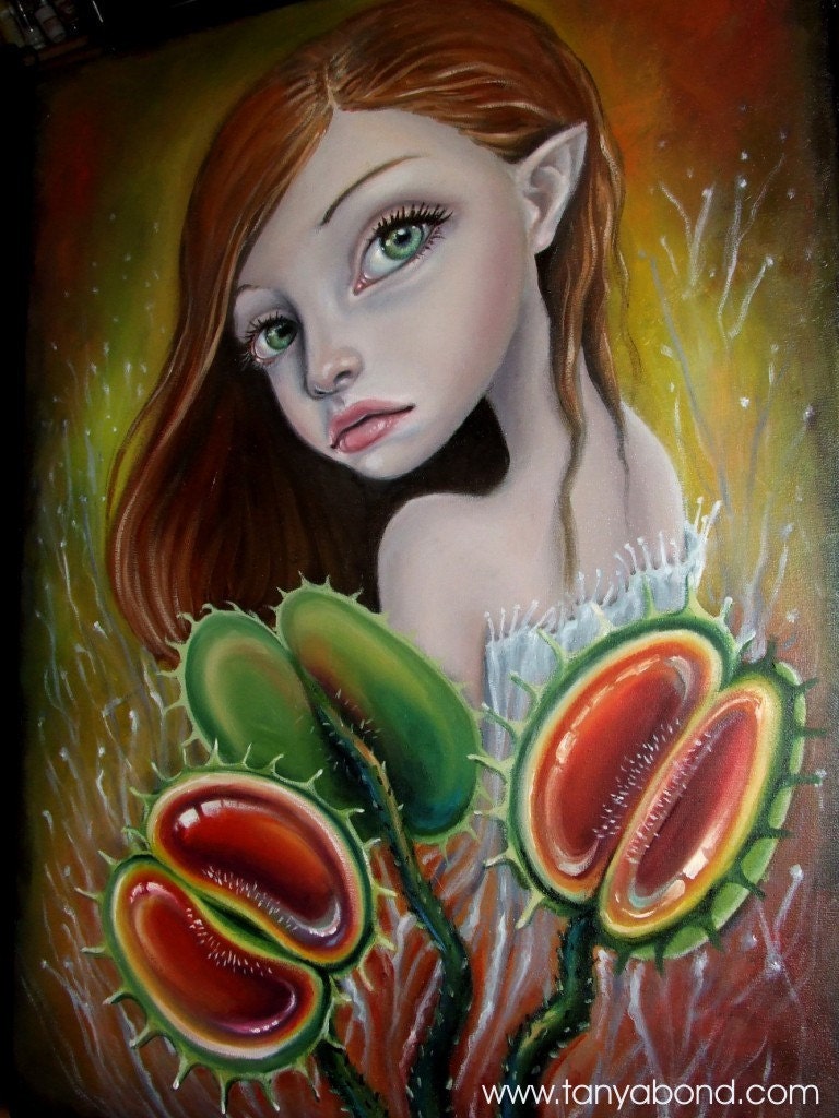 FLYTRAP CHILD - ORIGINAL oil painting - surreal pop fantasy art - Venus Fly-Trap - lowbrow portrait by Tanya Bond