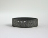 Three Diamond Wide Band Sterling Ring - Oxidized Rough Finish - Three Stone Ring