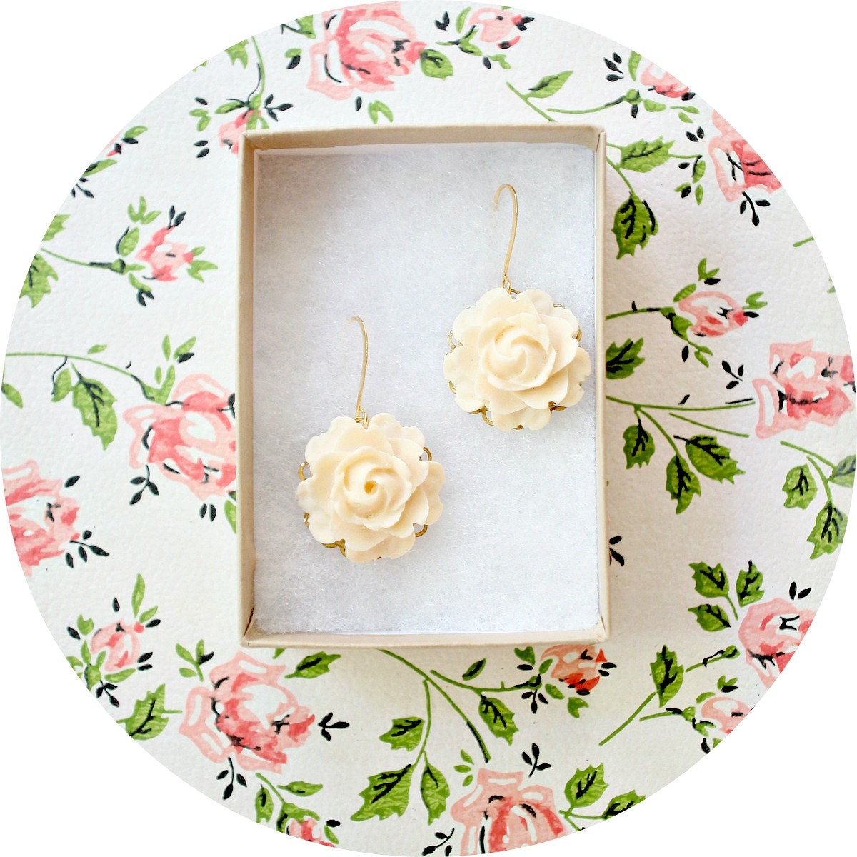 Big Cream Rose Dangle Earrings