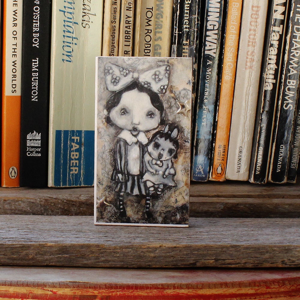 mini art print, 'Vintage Girl and her Doll', open editon, block mounted