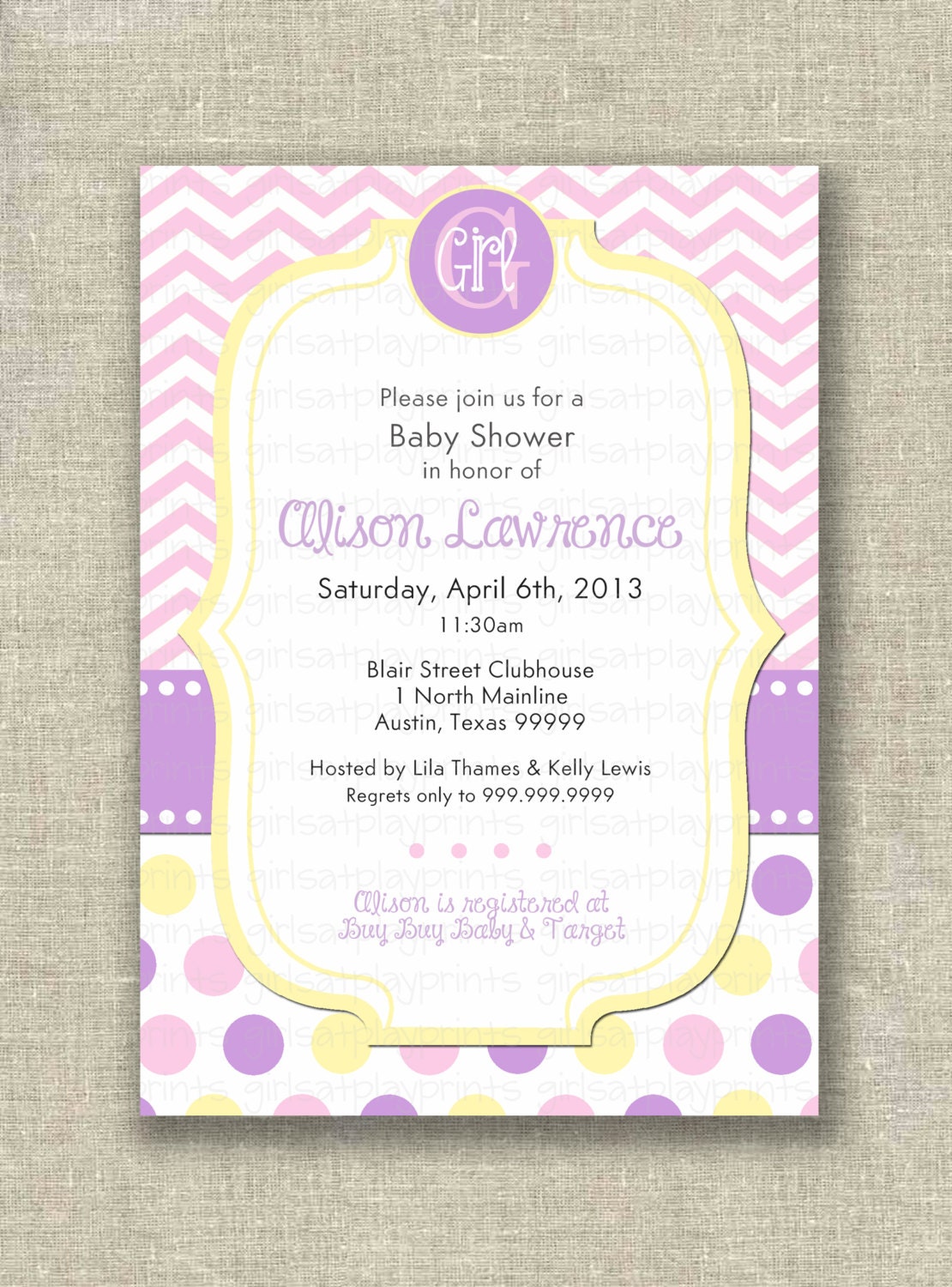 Baby Girl Shower Invitation Invite Modern Chevron Dots Pink Purple Yellow- print by you - by girls at play Etsy girlsatplay Il_170x135