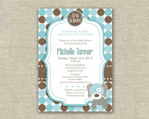 Baby Shower Boy Invitation Puppy Dog Blue Brown Dots Printable by girlsatplay Etsy girls at play Il_570xn