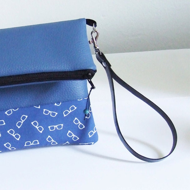 Fold Over Clutch, Large Pouch, Royal Blue and Glasses Wristlet, Faux Leather