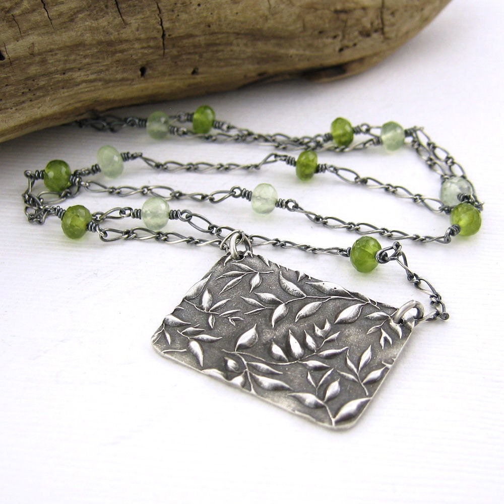New Leaves Necklace Wire Wrapped Green Tourmaline Prehnite Sterling Silver Necklace Leaf Pendant Handmade Jewelry - Held Within No. 29