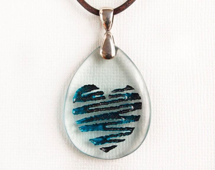 Love is Blue - Heart Etched Glass Pendant Necklace
