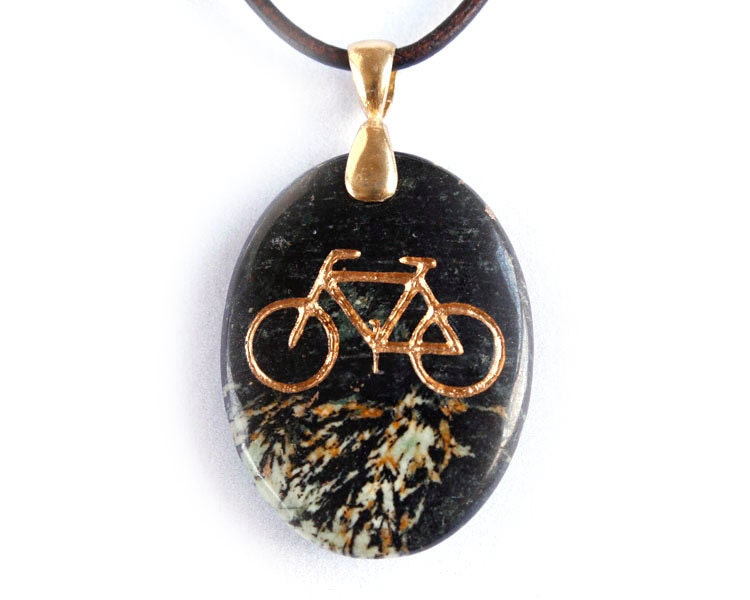 Bike Cycling Bicycle Necklace - Engraved Stone Pendant
