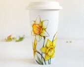 White Ceramic Travel Mug Double Walled Porcelain with Lid - Bright Yellow Daffodils