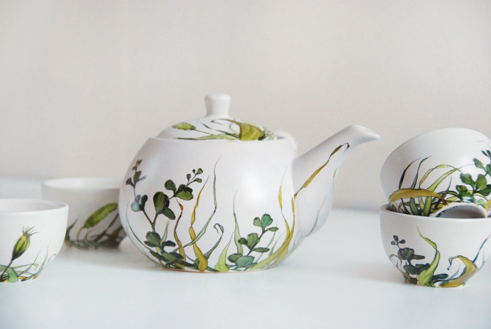 ready to ship - Hand Painted Ceramic Tea cups with Teapot - Grass Fields Collection