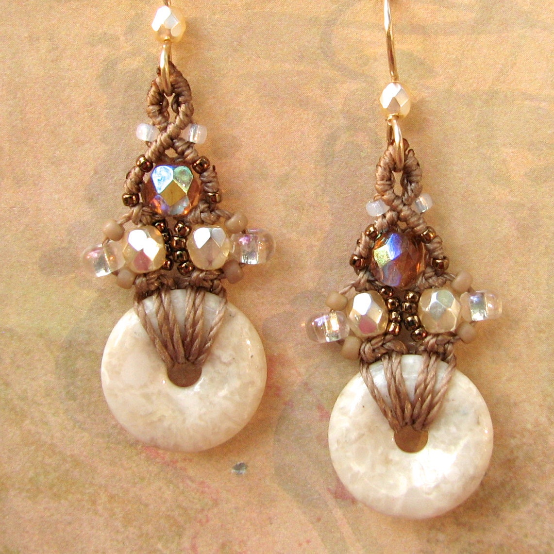Stone Donut Earrings -Macrame Beading in cool brown and cream