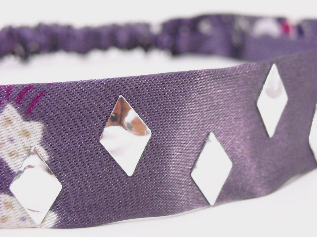 Purple Patterned w Silver Diamonds  Headband Silk 1 Inch Choose Your Color