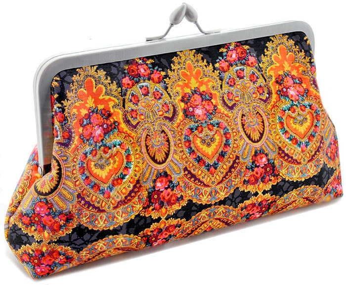 Printed Gypsy Soul SMALL clutch/shoulder bag in dupion and pretty printed satin lining. Hot orange version. Unique, designed by Baba Studio.