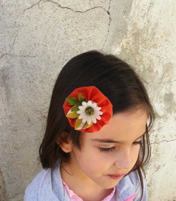 Orange floral Baby Girl Headband - Orange fabric satin and daisy on white elastic headband