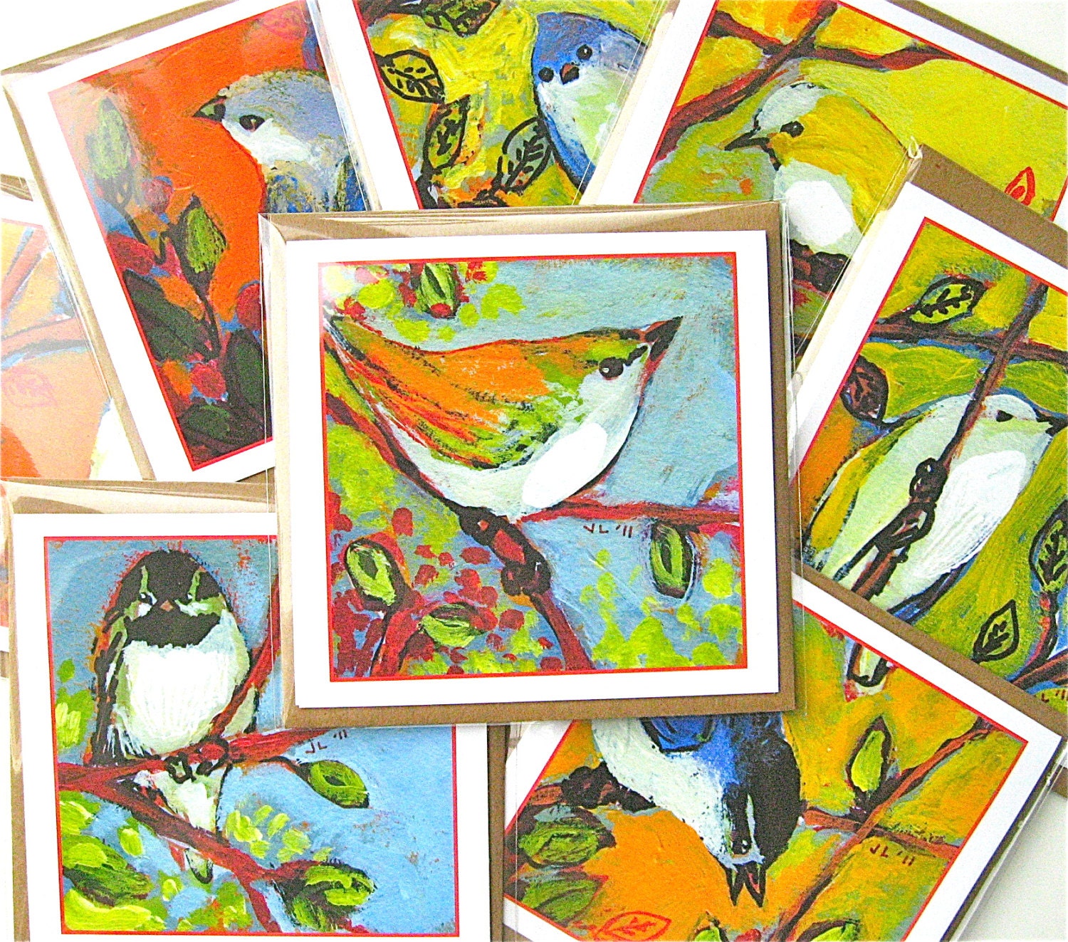 Set of 8 Square Blank Note Cards from the "16 Birds" series (9 thru 16) by Jenlo