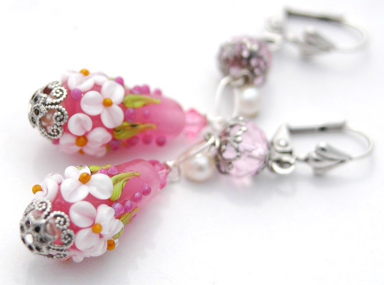 Pink Flower Earrings, Lampwork Flowers, White Blossoms