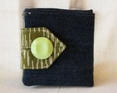 Denim and cotton wallet, upcycled, blue and olive green, eco-friendly