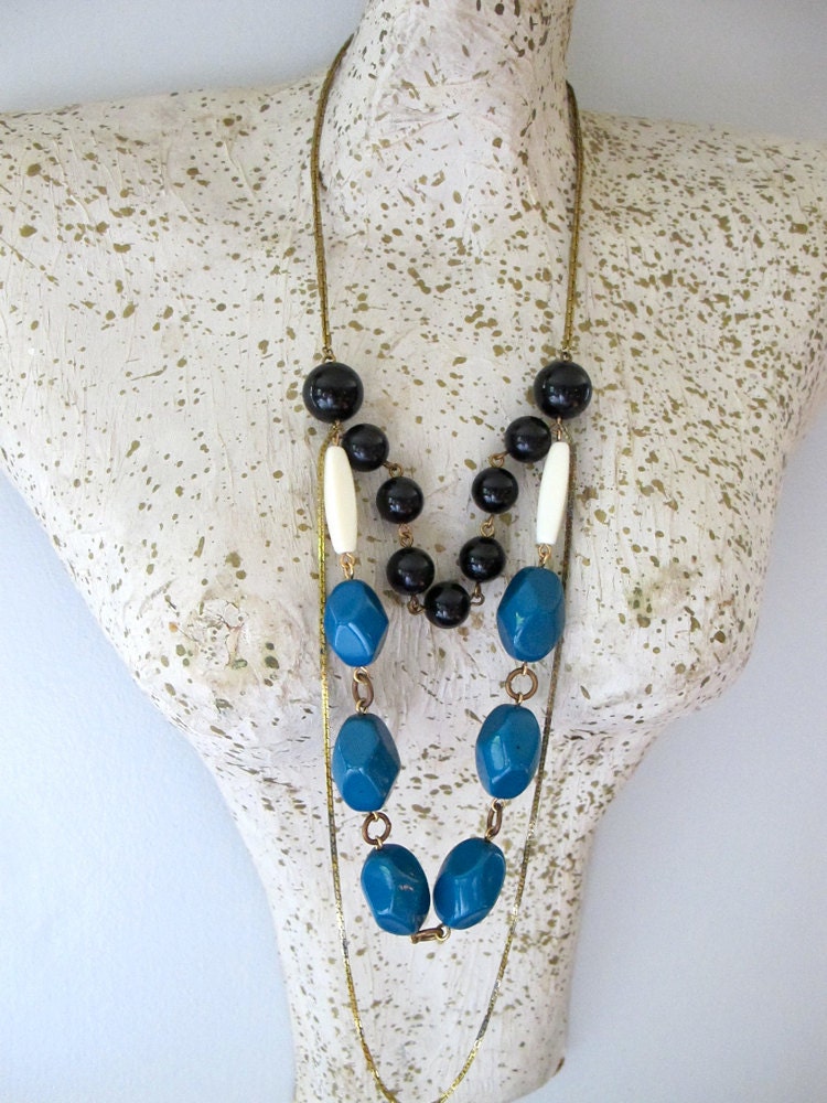 Beaded Bib Necklace, Vintage Lucite Bead, 1970s Aged Brass Chain, Layered Necklace, Statement Necklace Handmade by Glamourpuss Creations