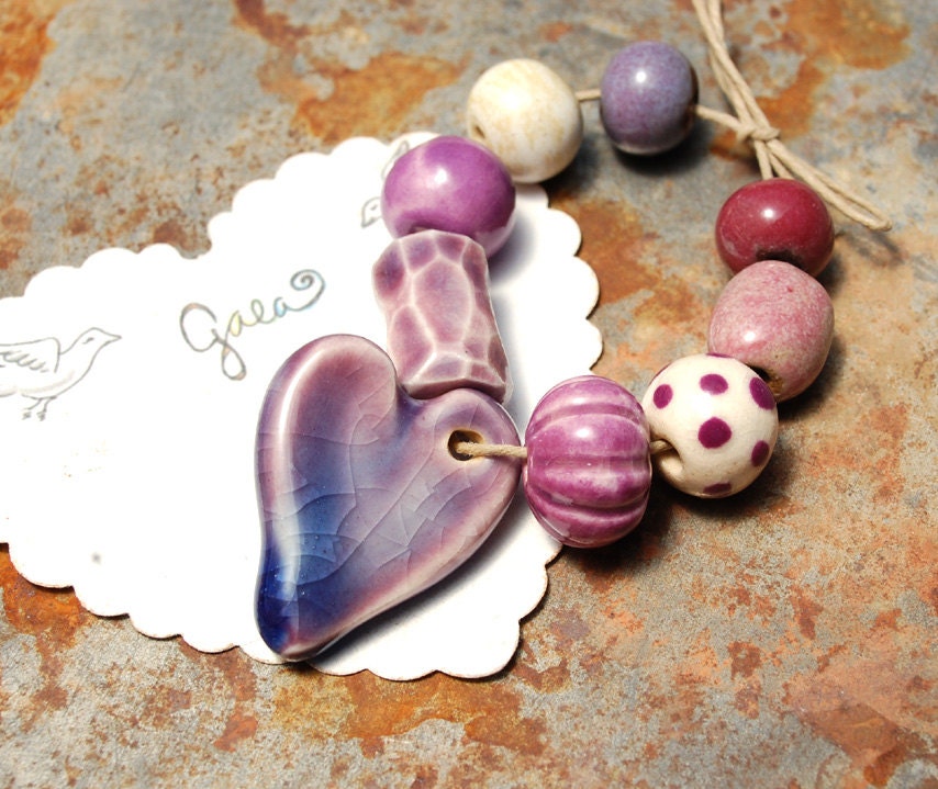 RESERVED for the lovely Carmen / Purple Heart / Love Tone Ceramic Heart Charm and Bead Set