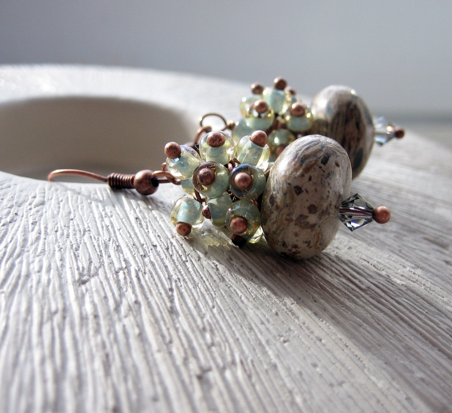 Earthtone Cluster Earrings, Seafoam Blue, antique copper rarrings - Paradise