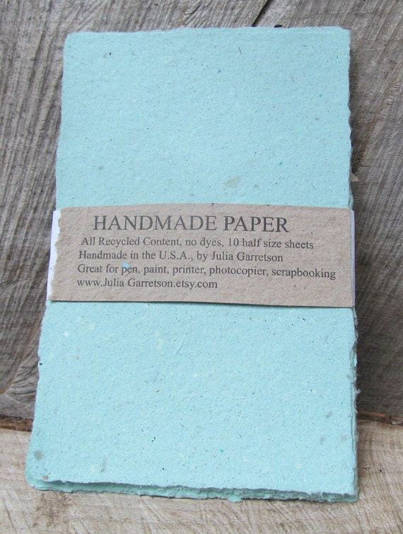 Handmade Paper from upcycled Teal-Blue/green Junk mail and Newsletters, no dyes or additives. Eco- Friendly, 8 1/2 x 5.5 inches