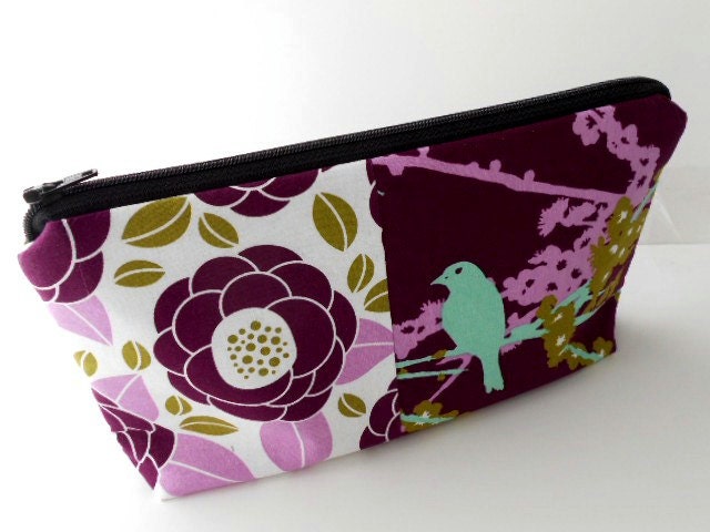 Bird Cosmetic Bag Large Flat bottom zipper pouch Padded ECO Friendly  OOAK Double Purple Lilac Sparrow