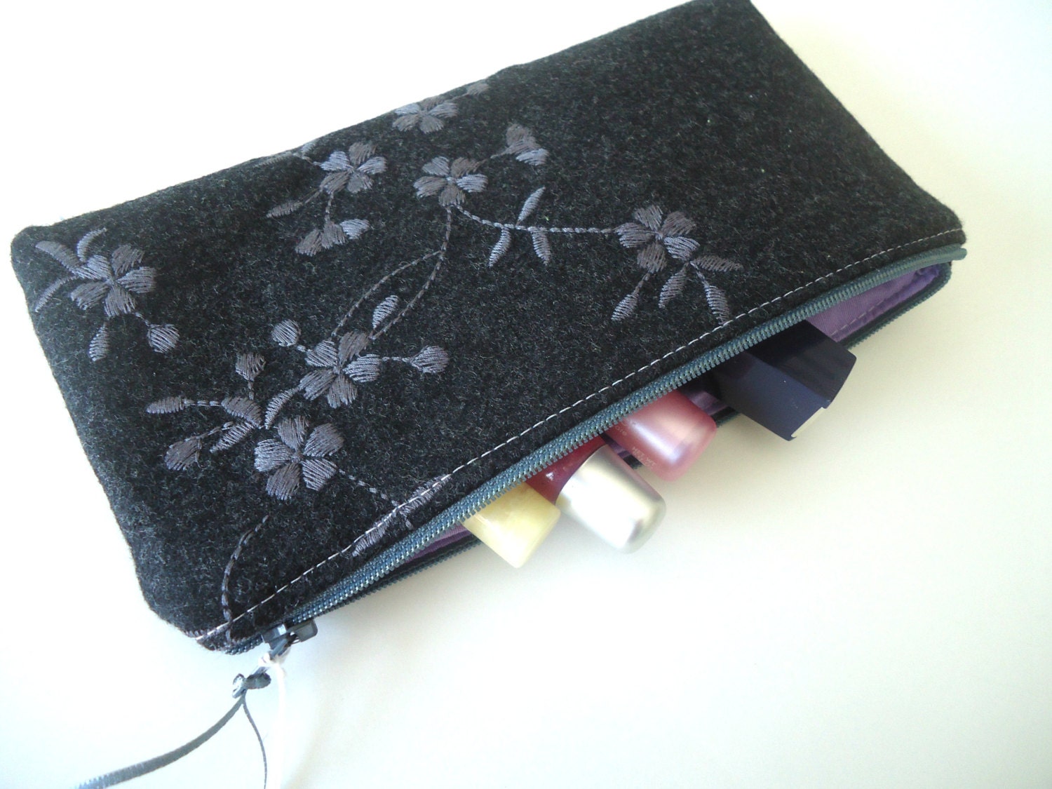 Grey Wool Zipper Pouch, Cosmetic Bag, Pencil Case, Embroidered, Upcycled