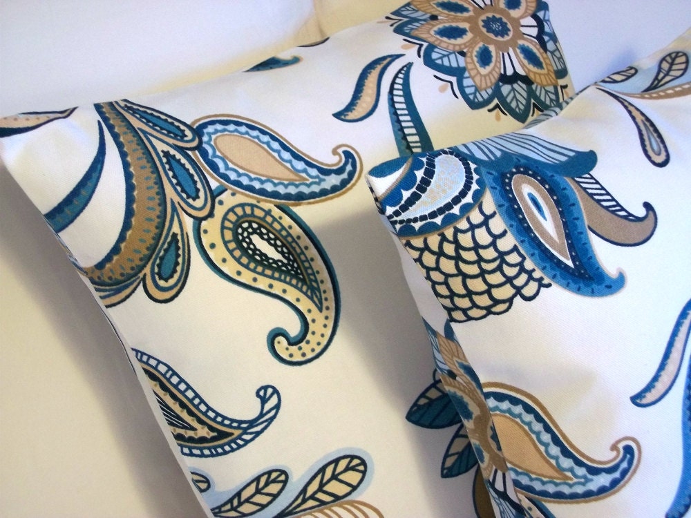 Throw Pillow Covers 16X16 Pair of Two in Teal Blue Floral Paisley