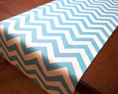Table Runner in Aqua Blue and White Zig Zag 13X72
