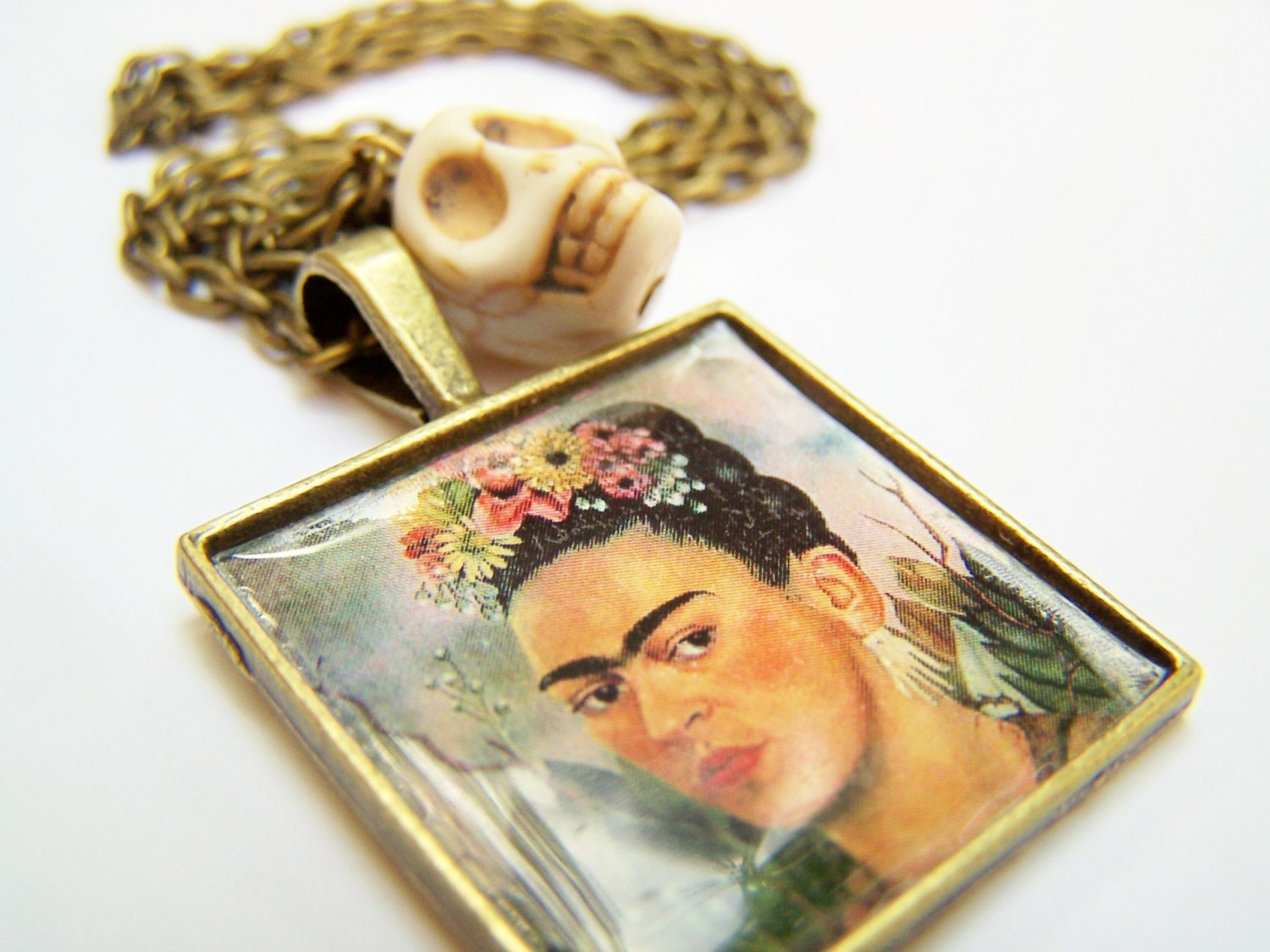 Frida Kahlo Necklace, Mexican Folk Art Self Portrait of Frida, Antiqued Brass Chain with Art Charm & Skull, Art Pendant