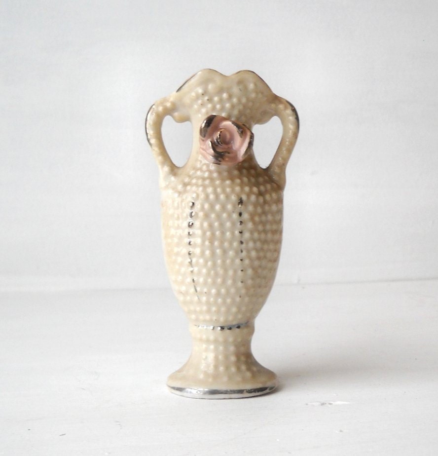 Antique Miniature Pottery Vase - Applied Pink Rose - Germany - Shabby Chic
