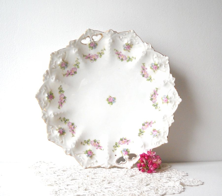MZ Austria Cake Plate - Pink Roses - Shabby Chic Serving Dish