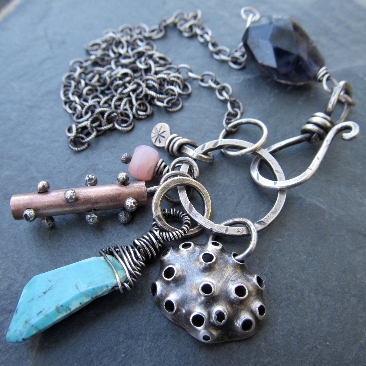 Sterling Charm Necklace Wire Wrapped gemstone Cluster Trinket Sea Life Beach Inspired Blue