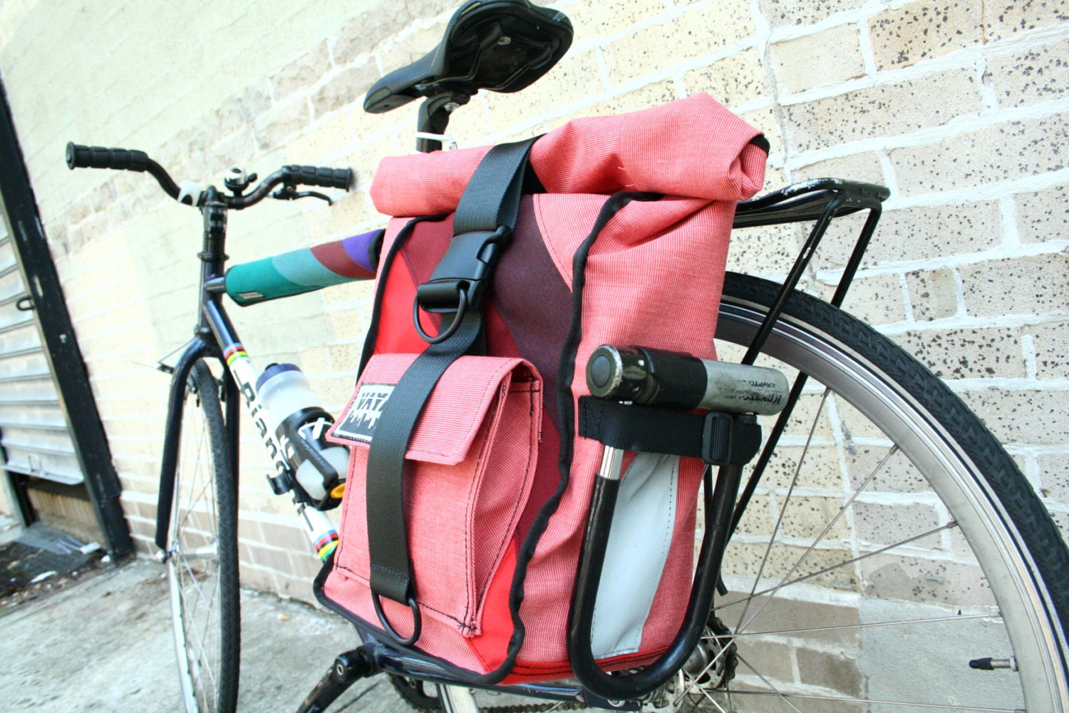 Strawberry Pink Pannier/Backpack Hybrid Bag w/ 3 Colorful Diagonal Stripes