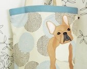 Nuri the French Bulldog White Light Blue Brown Large Floral Dot Large Canvas Tote Shoulder bag