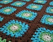 Granny Square Afghan for  Baby  Boy in Brown, Cream, Blue and Green Ready to Ship