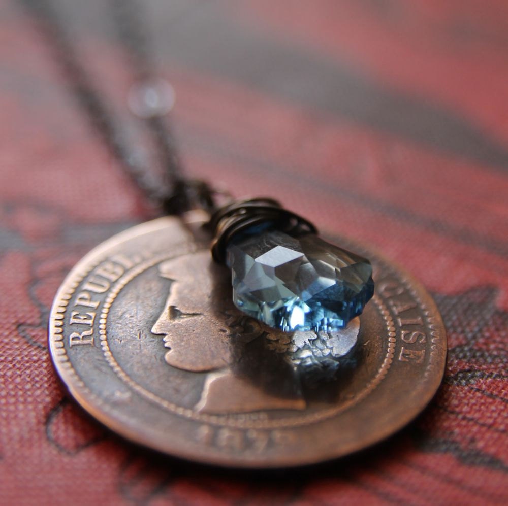Sky Blue Necklace with Antique French Coin and Swarovski Crystal