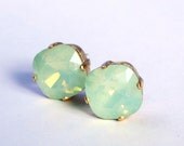 Mint Green Opal Crystal Stud Earrings - Classic Sparkling Seafoam Solitaire Swarovski 12mm - Sterling Post & Copper - Women's Jewelry