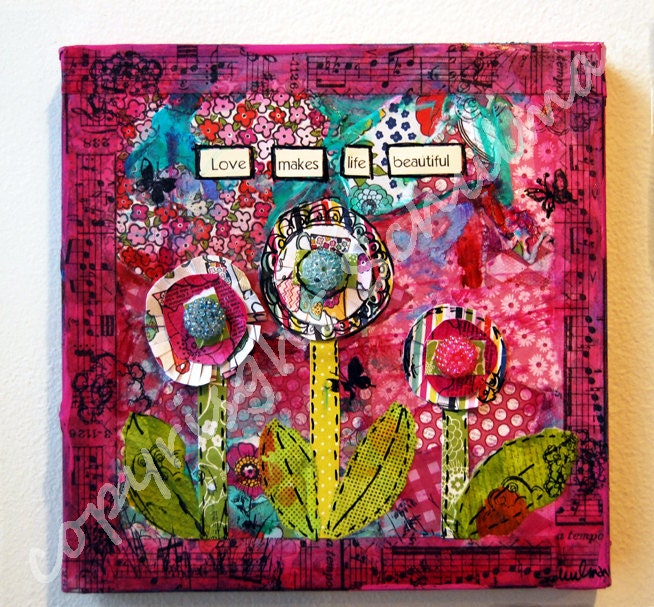 Art love, flower canvas 8x8" floral home decor mixed media original red PINK green Love note inspirational quote Anniversary Gift for her