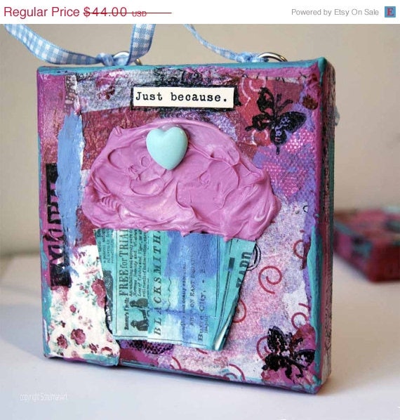 Pink Cupcake ART mixed media original canvas art 4x4" wall hanging Gift for her collage aqua art blue