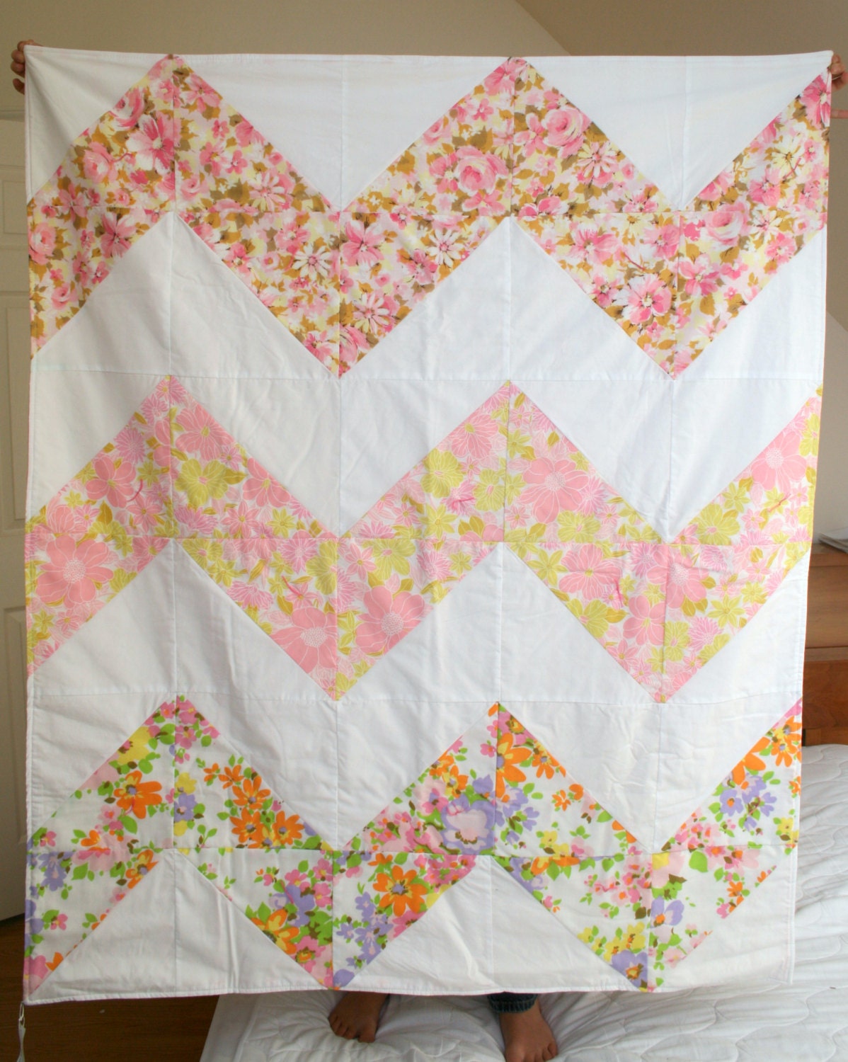 Chevron Striped Quilt, Pink Vintage Sheets, 3ft. X 4 ft.