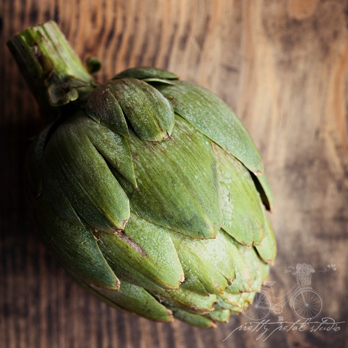 Still Life Fine Art Photograph, Artichoke on a Wood Table, Vegetable, Rustic,  Food, Kitchen Art, Mint Green and Brown, Square 5x5 Print