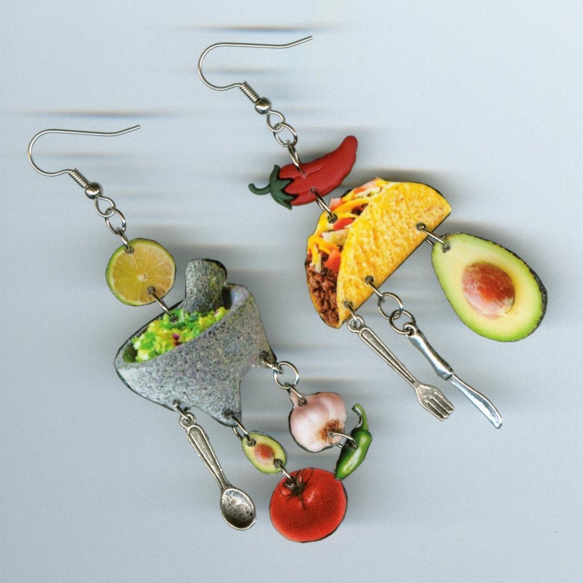 Mexican Fiesta TACO Earrings Molcajete bowl Avocado tomato jalepeno