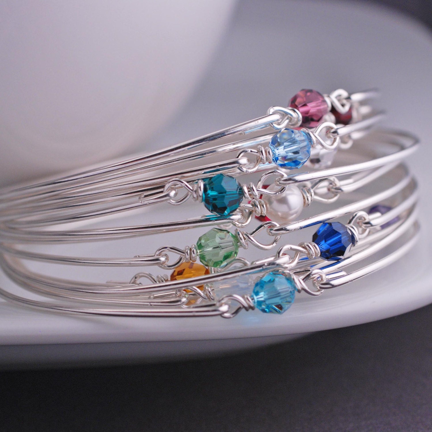Birthstone Bracelet, Sterling Silver Bangle Bracelet, Swarovski Crystal Birthstone Jewelry