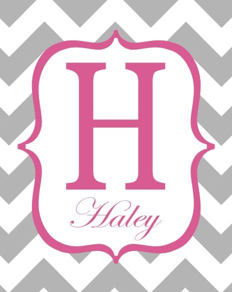 Chevron Monogram Nursery Wall Art, Any Color, Personalized Initial and Name 8x10, Fuchsia and Grey