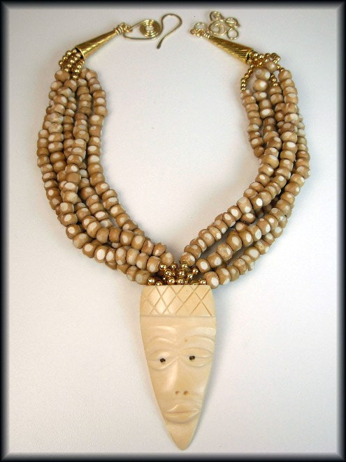TRIBAL MASK - Vintage Carved Mask - 5 Strand One of a Kind Statement Necklace