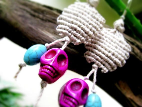 Taino with Skulls Macrame Hemp Earrings