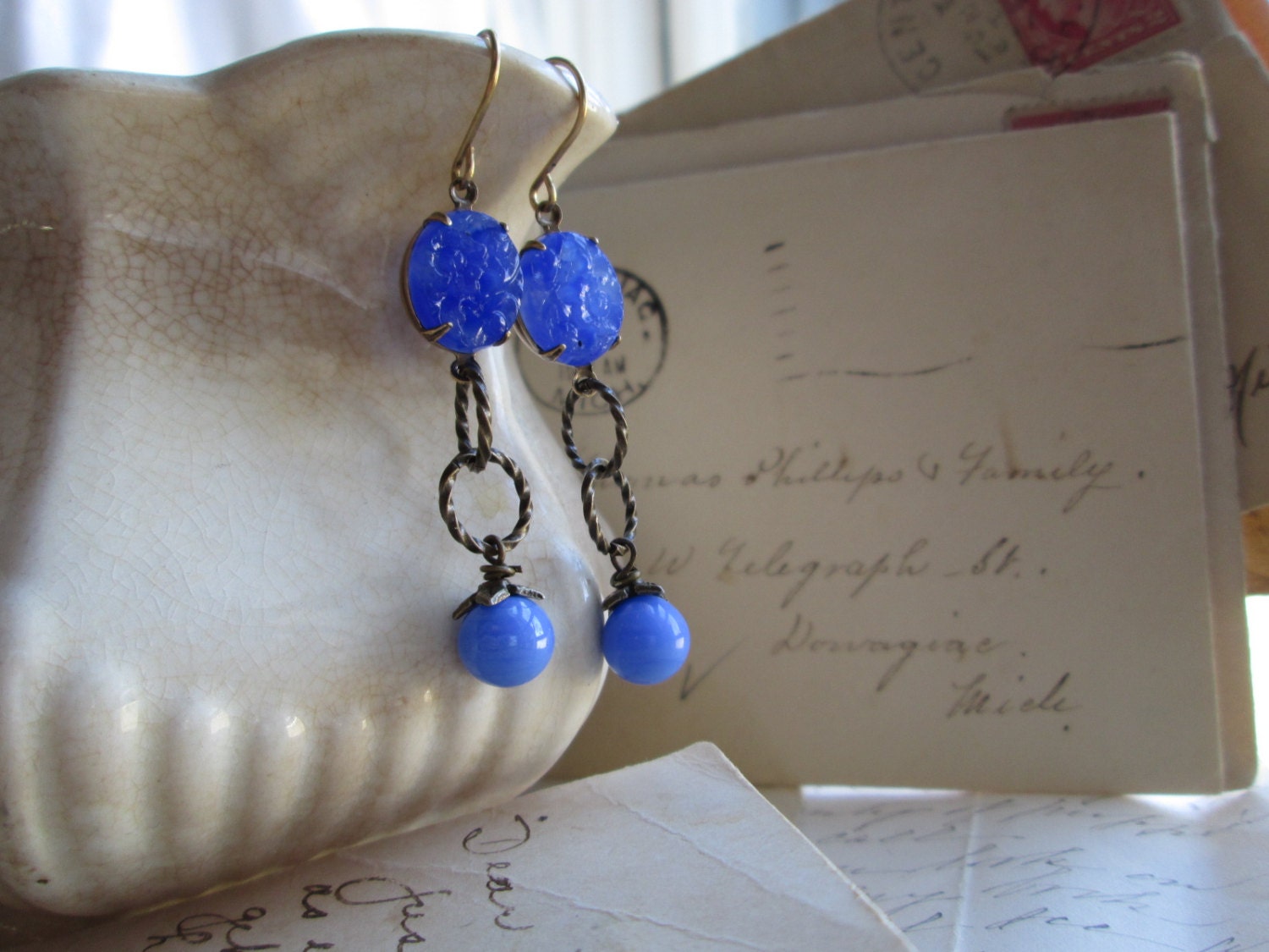 pale blue one of a kind assemblage earrings, antique pressed glass, Haskell drops. "Cieux Bleus"