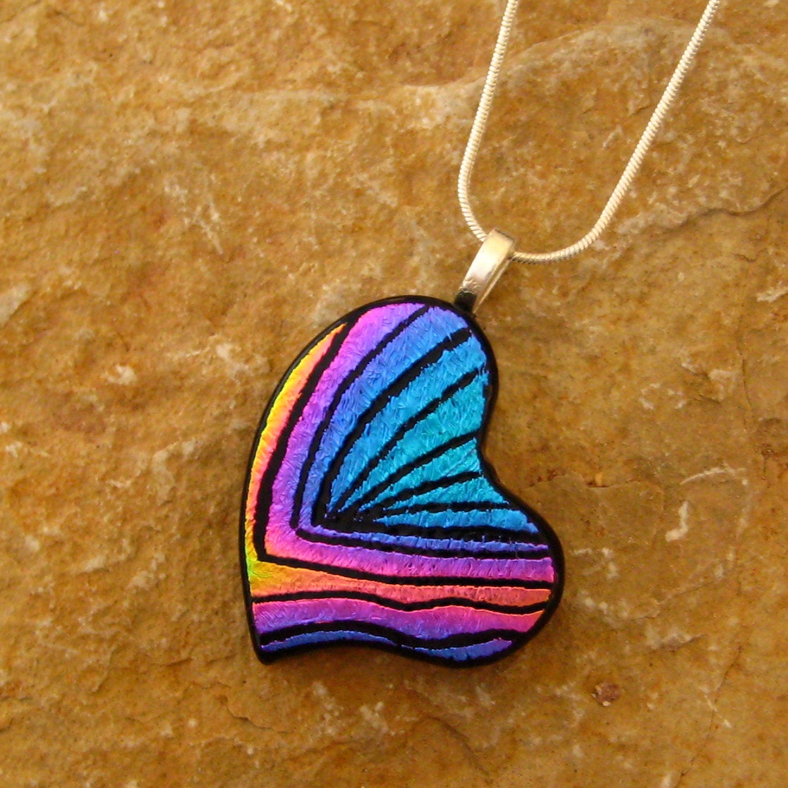 Valentine Jewelry, Dichroic Fused Glass Hand Etched  Pendant, Fused Glass Heart Pendant  - Pink and Blue Heart
